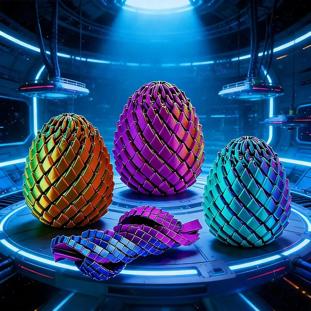 Three articulated dragon egg fidget toys with iridescent scale patterns in gold-orange, purple, and teal-blue hues rest on a glowing circular platform.