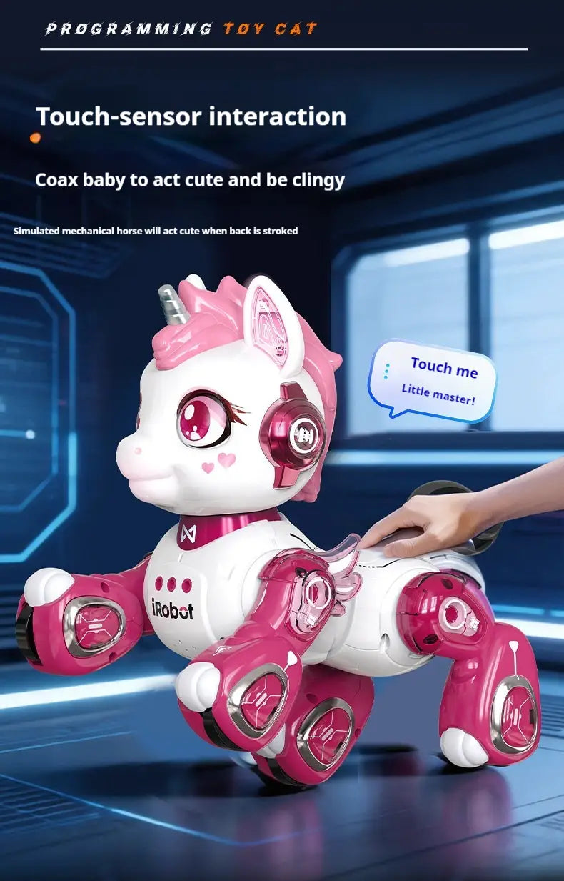 Pink and white irobot programmable remote control robotic unicorn toy with touch-sensitive features designed as a horse toy.