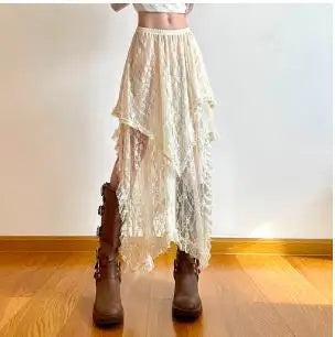 Ethnic Style Wavy Hem High Waist Lace Skirt Sweet Sister Stacked Holiday Style Dress