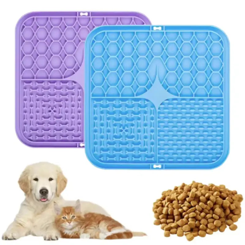 Purple and blue silicone slow feeder pet lick silicone mats feature honeycomb and bone-shaped textures for dogs.