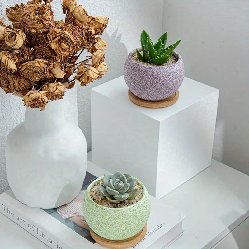 A lavender speckled ceramic planter with a textured surface holding a green succulent and resting on a wooden saucer designed for succulents.