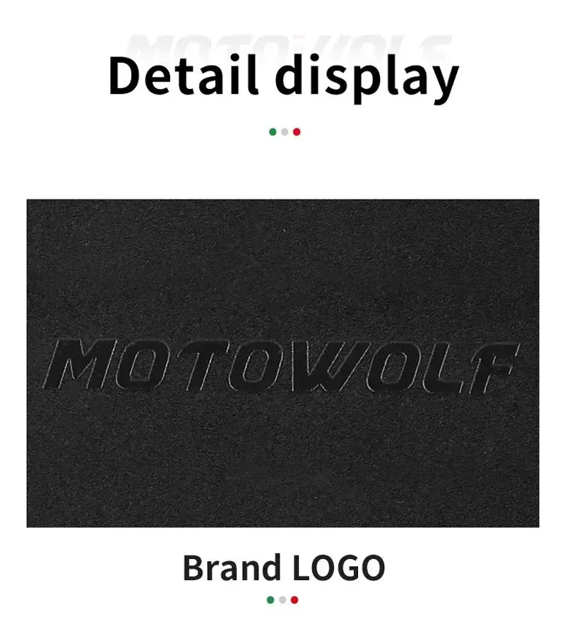 Black embossed motowolf brand logo on textured surface of motorcycle wireless charging phone mount.
