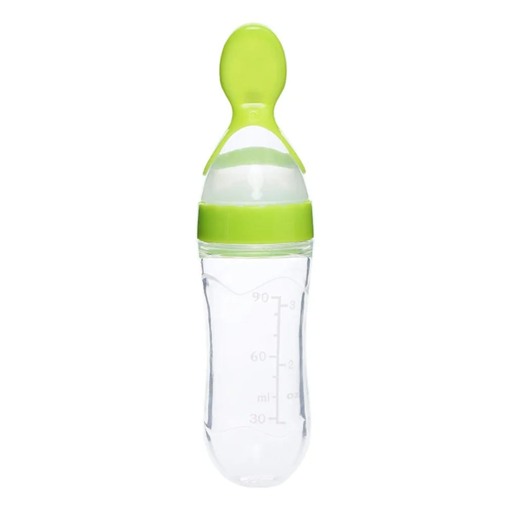 Klares Kunststoff-Baby-Fütterlöffel-Fläschchen mit limettengrünem BPA-freiem Silikon-Sauger und -Boden, Fassungsvermögen 90 ml, mit Maßangaben in Millilitern.