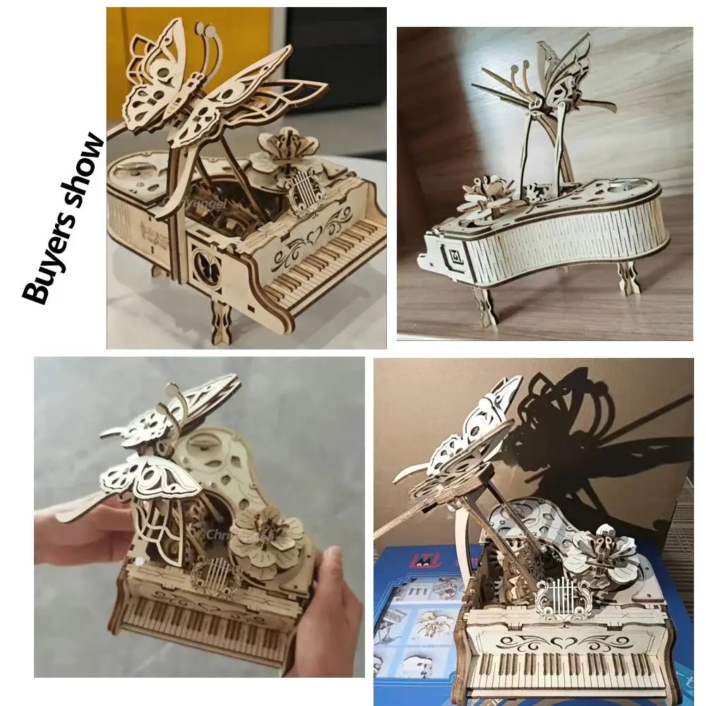 eine zarte, hellfarbene Holz-Klavier-Musikbox-Modellvariante mit Schmetterlingsthema, kunstvollen ausgeschnittenen Designs und einer kleinen Harfendekoration für den Zusammenbau