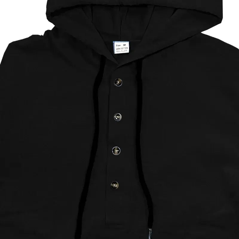 men cotton linen hooded henley shirt in black featuring a hood and silver buttons down the front made from breathable cotton linen fabric