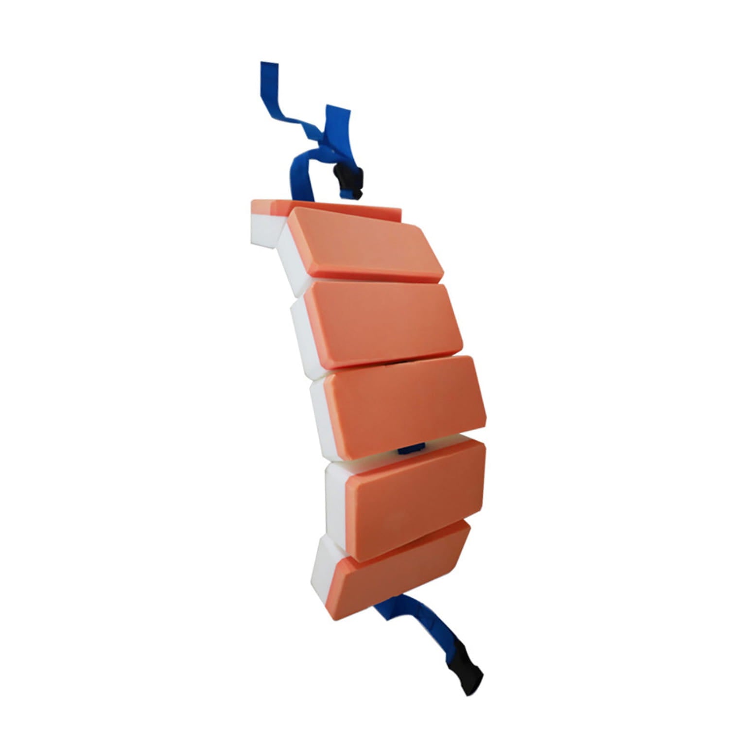 Ceinture de nage flottante pour le dos en mousse EVA segmentée orange et blanche, avec des sangles bleues, pour enfants, assurant la flottaison et un soutien du dos.
