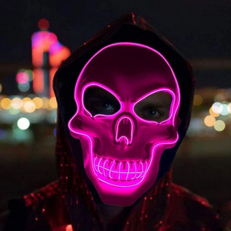 Una máscara de calavera LED rosa luminosa con contornos de neón y capucha, con diseño de máscara luminosa de luz fría y paquete de controlador para uso como disfraz de Halloween