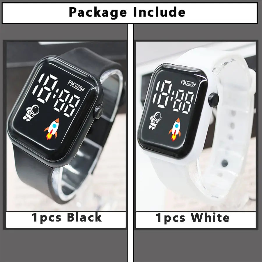 Montre électronique noire et blanche pour enfants, garçons et filles, avec affichage numérique LED et icônes d’astronaute et de fusée, idéale pour un usage sportif