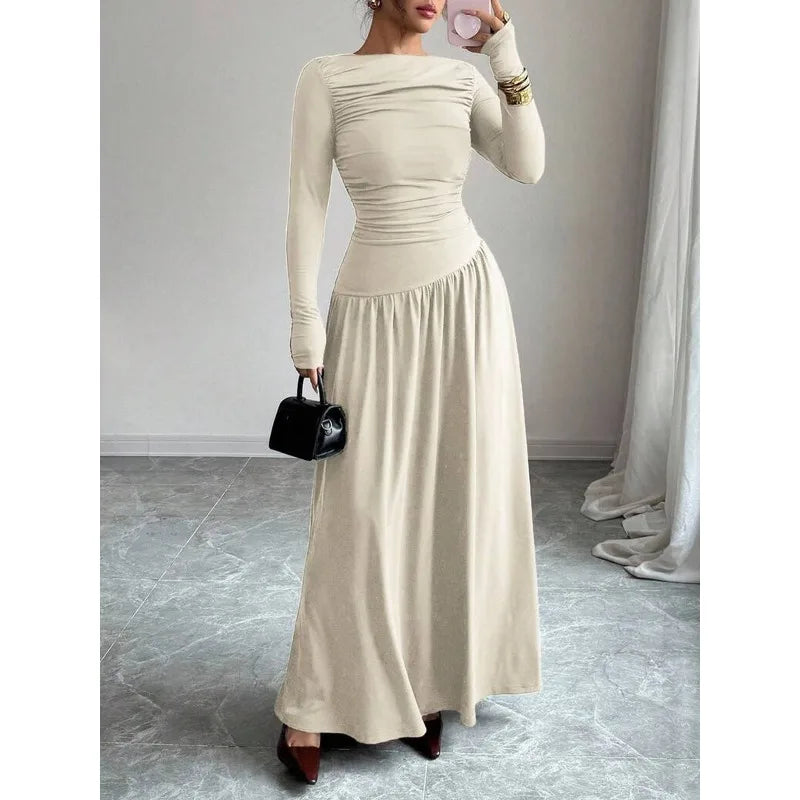 Elegant Women's Formal Dresses Modest Boat Neck Solid Color Long Sleeve Ruched Flowy Maxi Dress for Daily Evening Party Wear