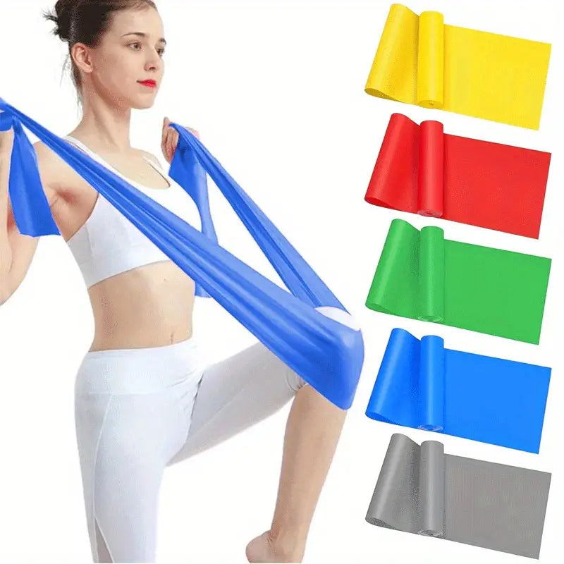 Blue resistance workout band made of elastic material with rolled edges shown alongside other colored bands in a home fitness product display.