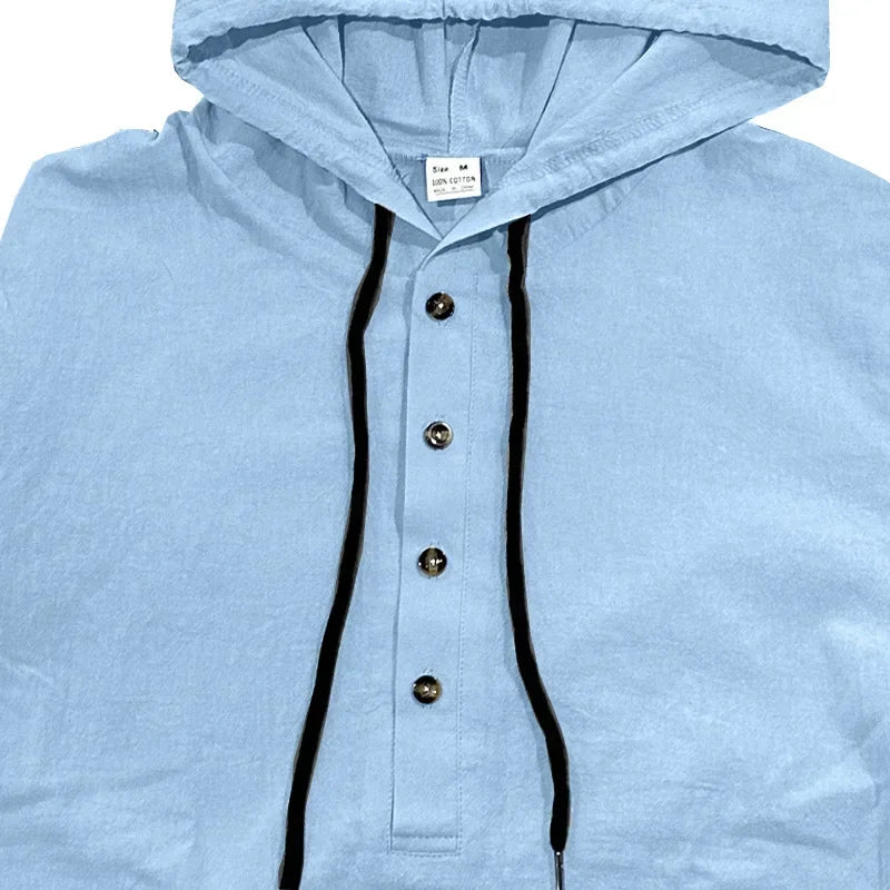 2026 New Men's  T-Shirts Spring Summer Hooded Cotton Linen Tops for Men Soft Loose Henley Shirt Casual Button Long Sleeve Shirts