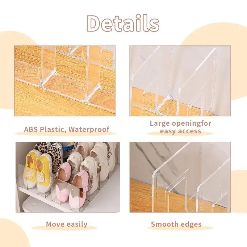 durchsichtiger Acryl-Baby-Schuhaufbewahrungsständer zur Anordnung aus transparentem ABS-Kunststoff mit glatten Kanten und großen Öffnungen für einen einfachen Zugriff.