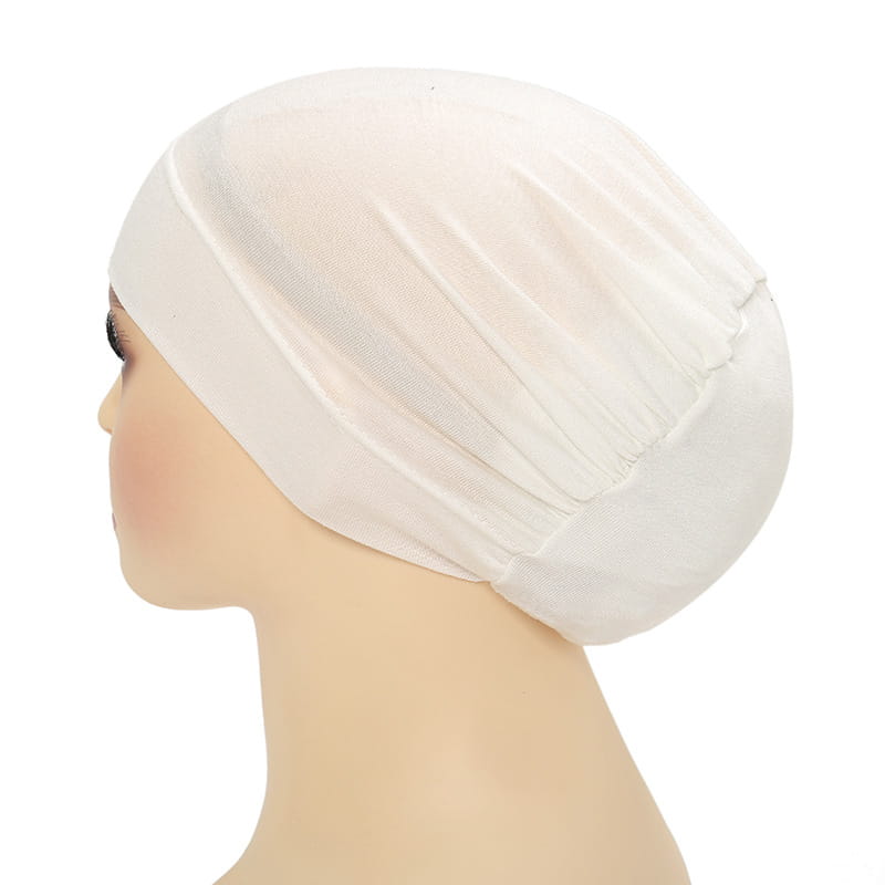White stretchy jersey hijab cap and turban set featuring a soft mesh material with a snug fit and subtle pleats.