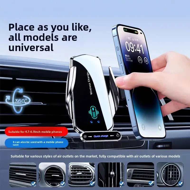 Silver and black wireless phone charger with a sleek modern design and auto clamping feature for universal car mount compatibility