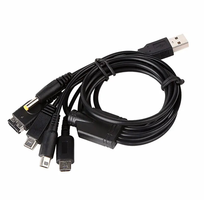 Black 5 in 1 multi console usb charging cable featuring multiple connectors including micro usb, mini usb, and a dc power jack.