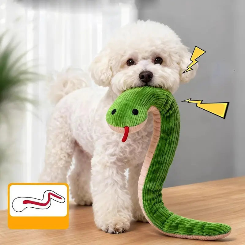 黒い目と赤い舌を備えた緑のコーデュロイのヘビの犬おもちゃのぬいぐるみペット玩具。ペット用のソフトトイの種類として設計されています。