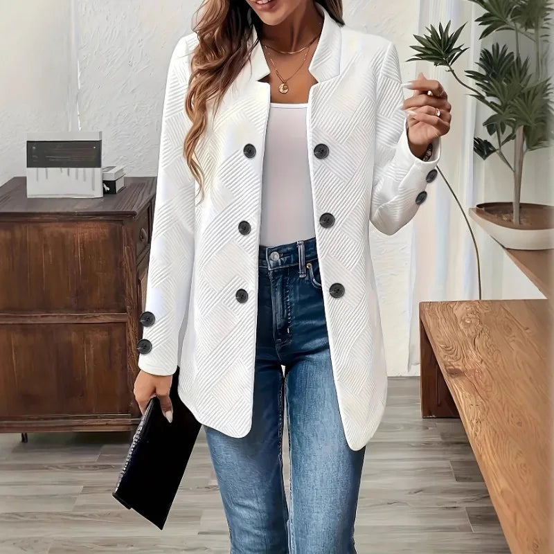 Solid Color Double-Breasted Women's Blazer with Diagonal Texture Stand Collar Long Sleeve Suits Casual Office Commute Outerwear