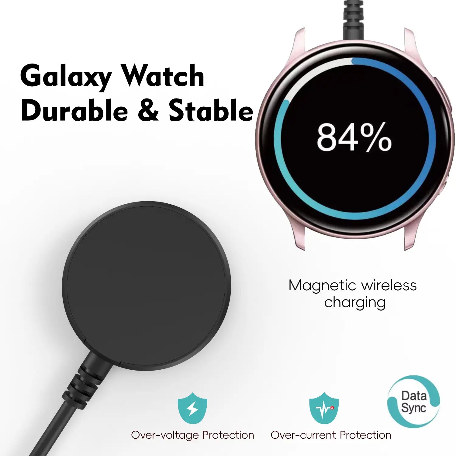 black circular magnetic wireless charging pad with usb a and c cable connected for galaxy watch charging