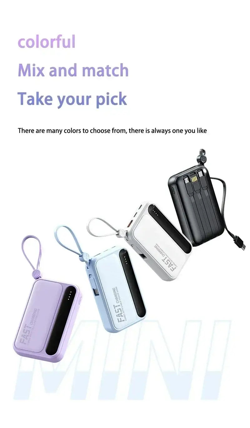 A sleek rectangular power bank in pastel lavender with a matte finish and black accent panel featuring fast charging and built-in cables.