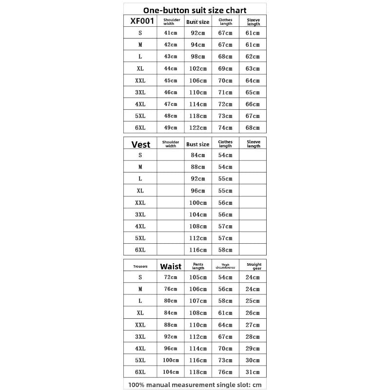 Mens slim fit two piece suit formal dress one-button suit size chart displaying shoulder width bust size clothes length and sleeve length measurements for sizes s through 6xl.