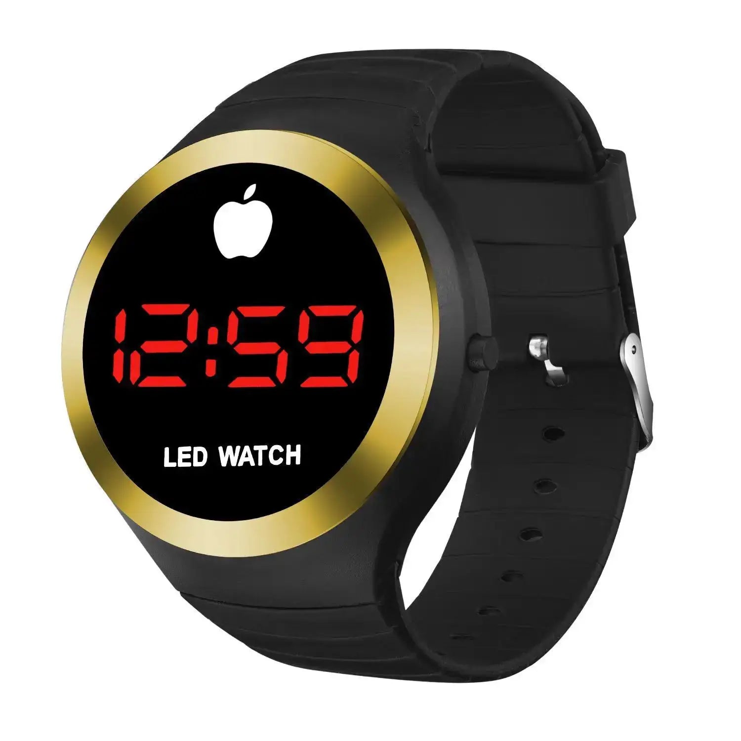Reloj digital deportivo negro con bisel de tono dorado y números rojos que muestran 12 59; presenta un logotipo de manzana en la pantalla y una correa de aleación con cierre tipo hebilla de gancho; material de la banda.