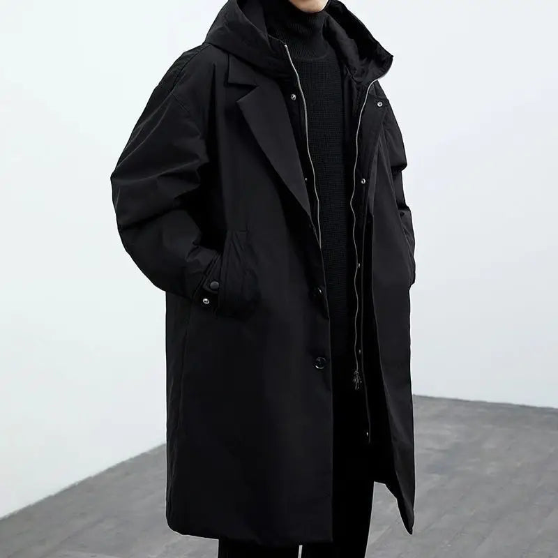 Winter New Korean Style Men Hooded Long Coat Faux Two Piece Trench Coat Parka Jacket Plus Size Warm