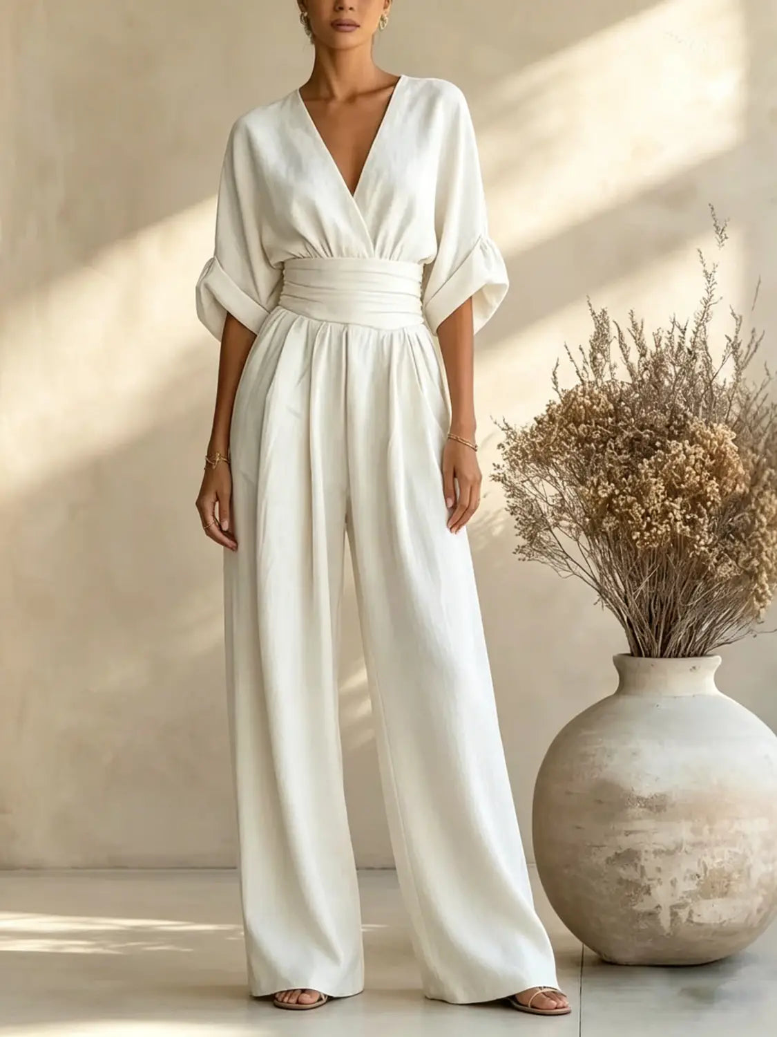 A flowing white v-neck wide-leg jumpsuit with three-quarter length slightly puffed sleeves made of lightweight fabric.