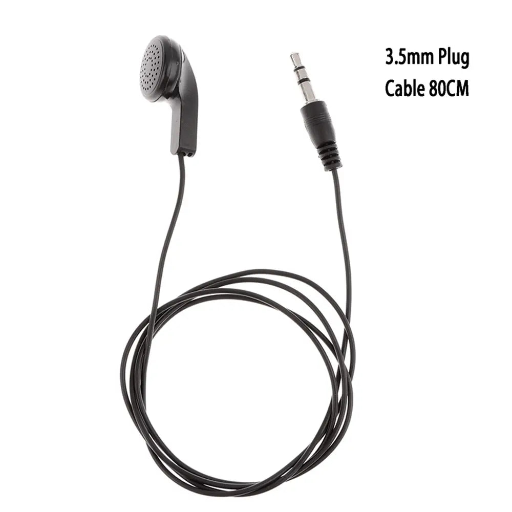 Écouteurs filaires noirs avec une fiche 3,5 mm et un câble de 80 cm, avec un design intra-auriculaire compact pour une utilisation audio mp3 mp4 portable.