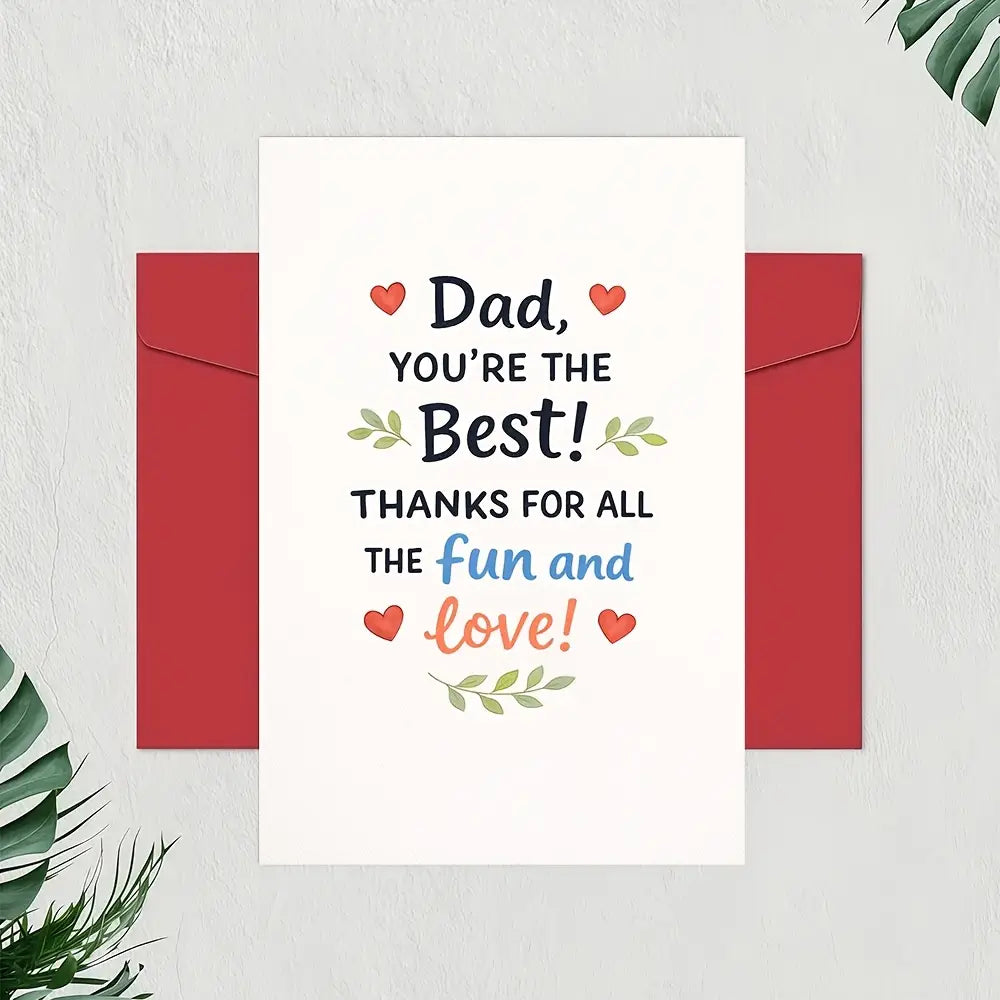 white father’s day greeting card with colorful text and heart motifs framed by red envelopes for dad
