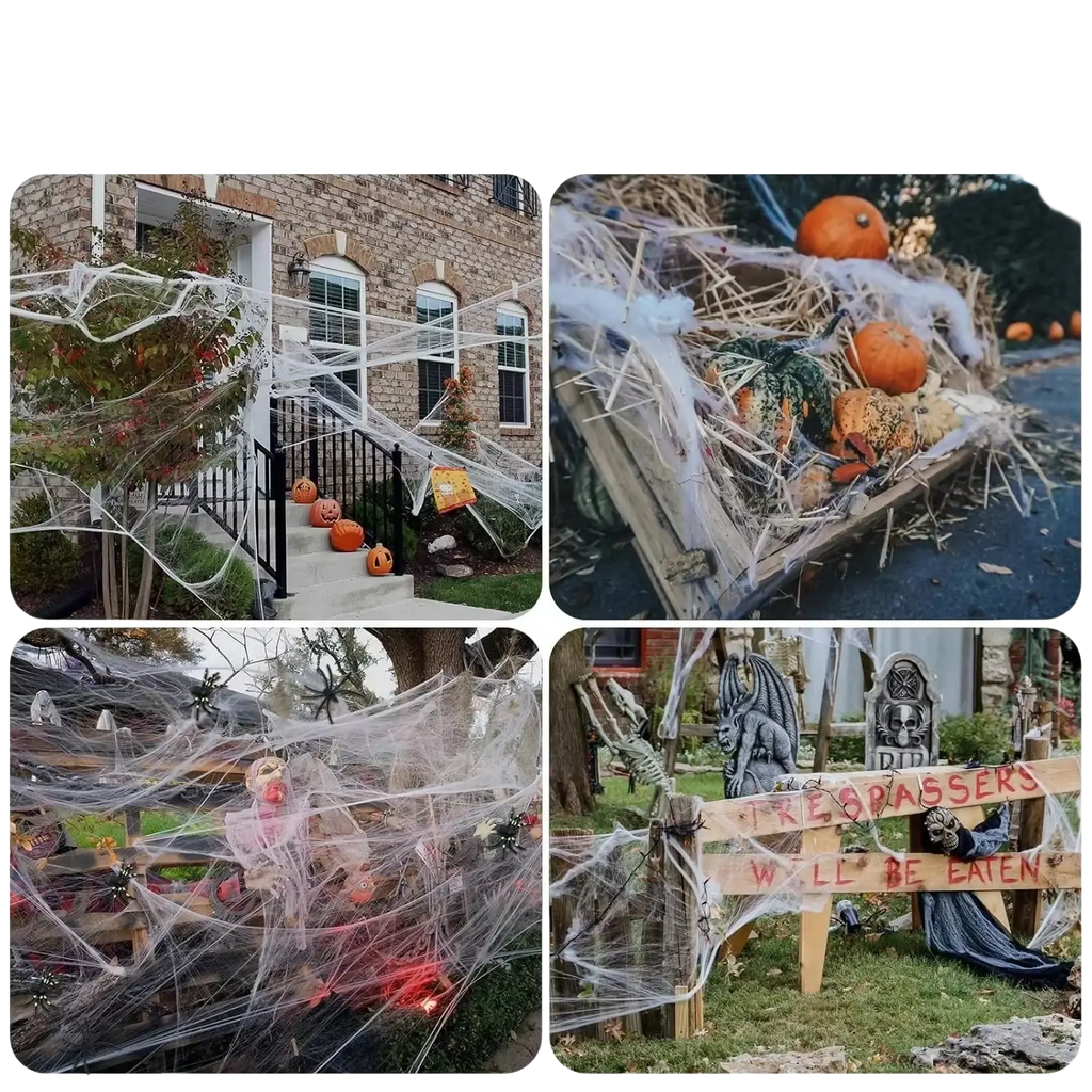 White super stretch cobwebs with fake spiders for halloween party decorations in outdoor setting