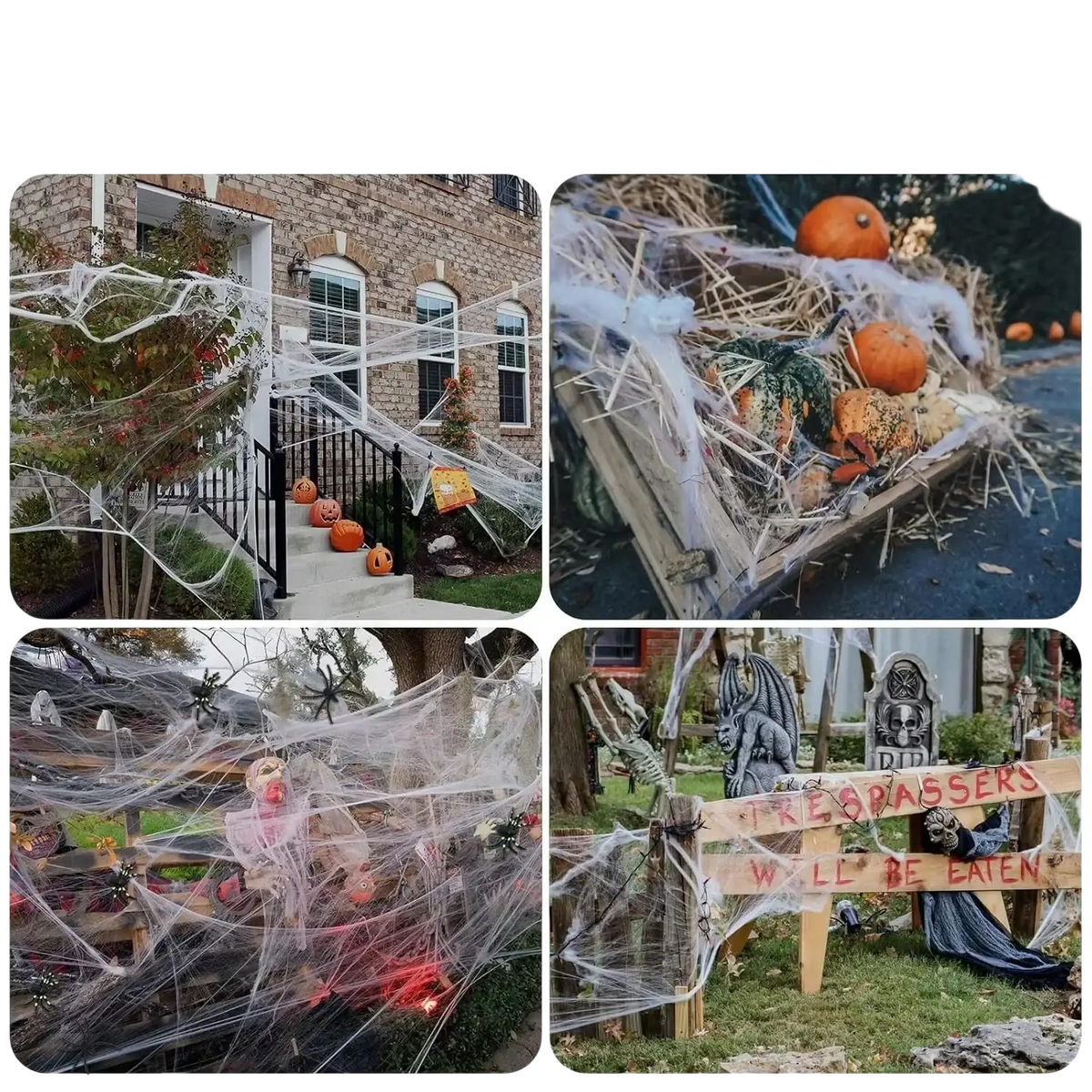 White super stretch cobwebs with fake spiders for halloween party decorations in outdoor setting