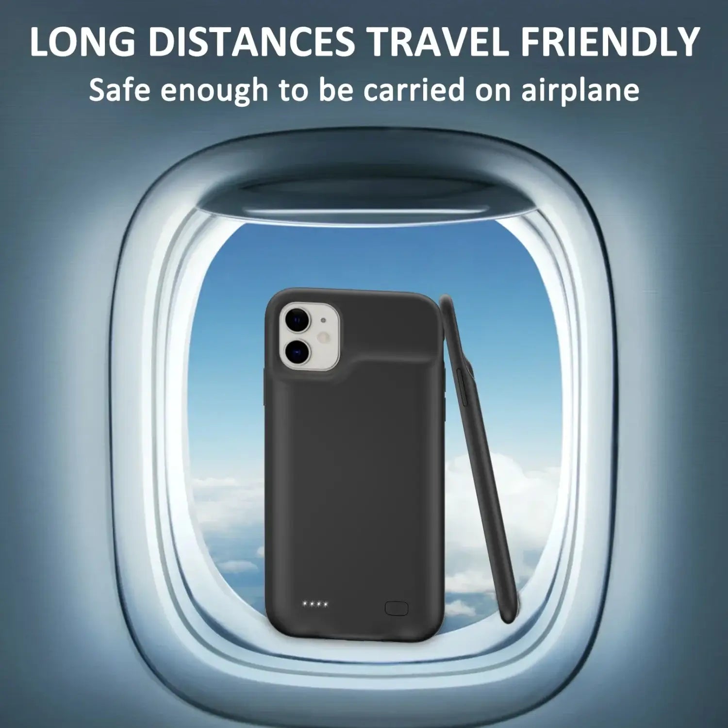 Funda negra del cargador de batería para iPhone 6, 7, 8 y SE con batería integrada diseñada para viajes de larga distancia y equipaje de mano en avión, mostrada desde el lado posterior