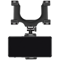 Black plastic car phone holder with adjustable arms and rotating base mounted on rearview mirror holding smartphone