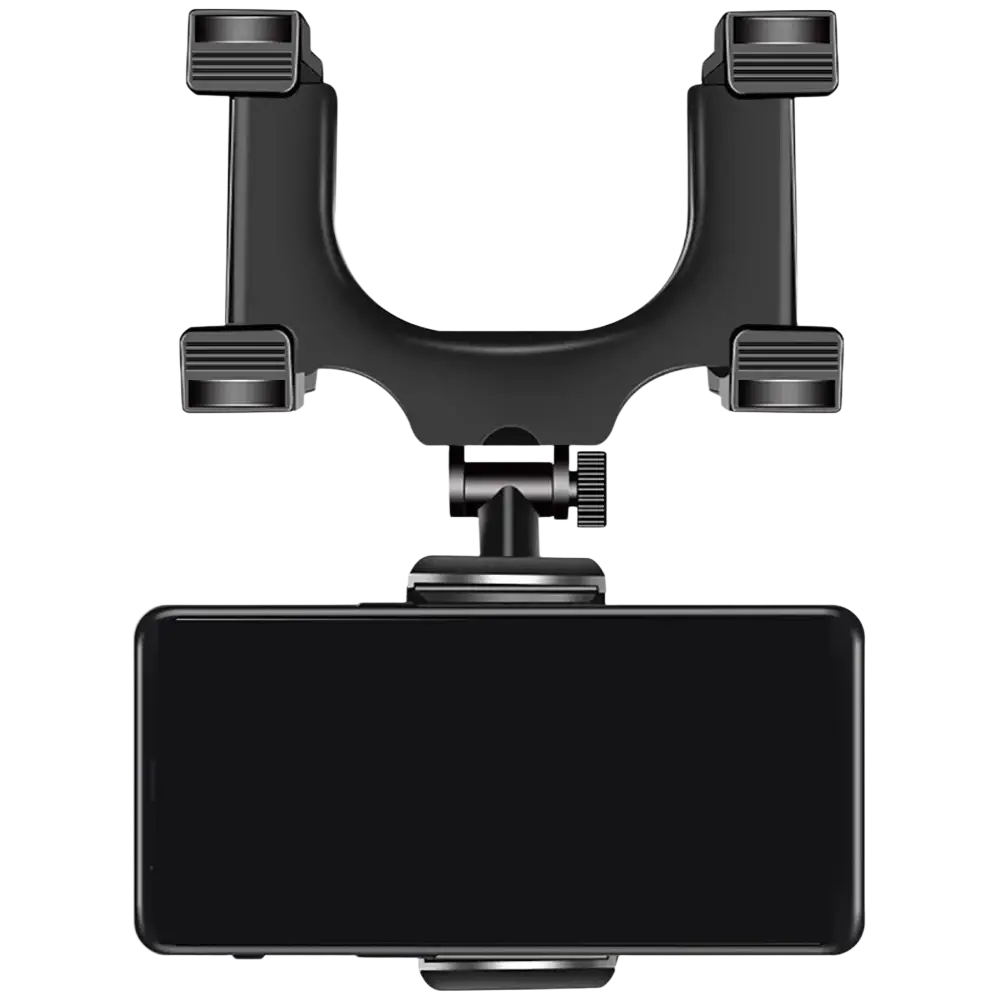 Black plastic car phone holder with adjustable arms and rotating base mounted on rearview mirror holding smartphone