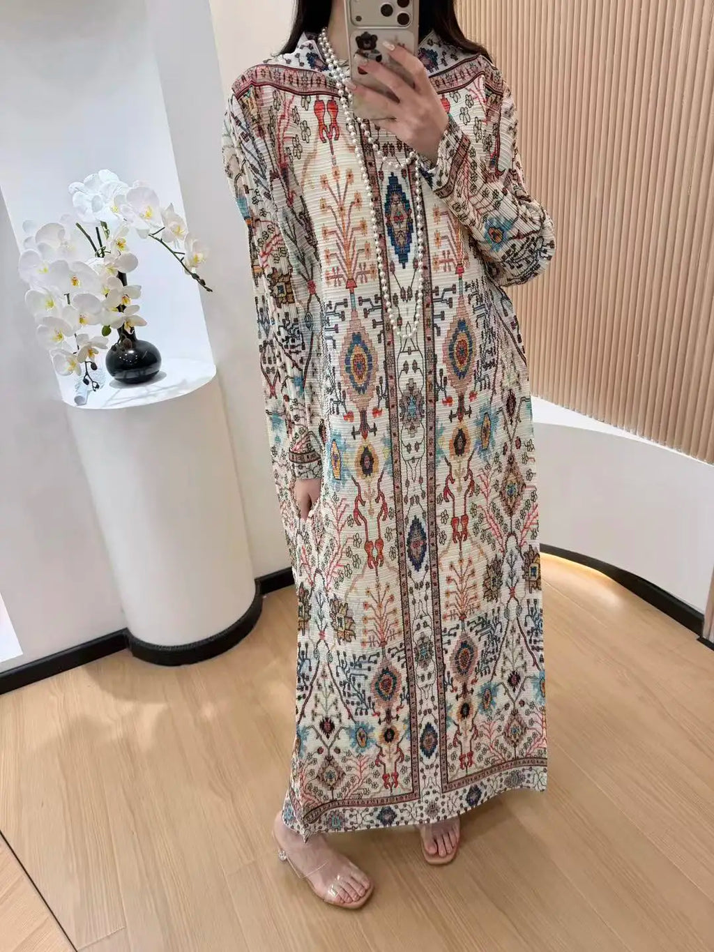 Abaya Ethnic Geometric Pattern Pleated Long Sleeve Loose Maxi Attire Middle Eastern Artistic Style Modest Classy Daily Outfits