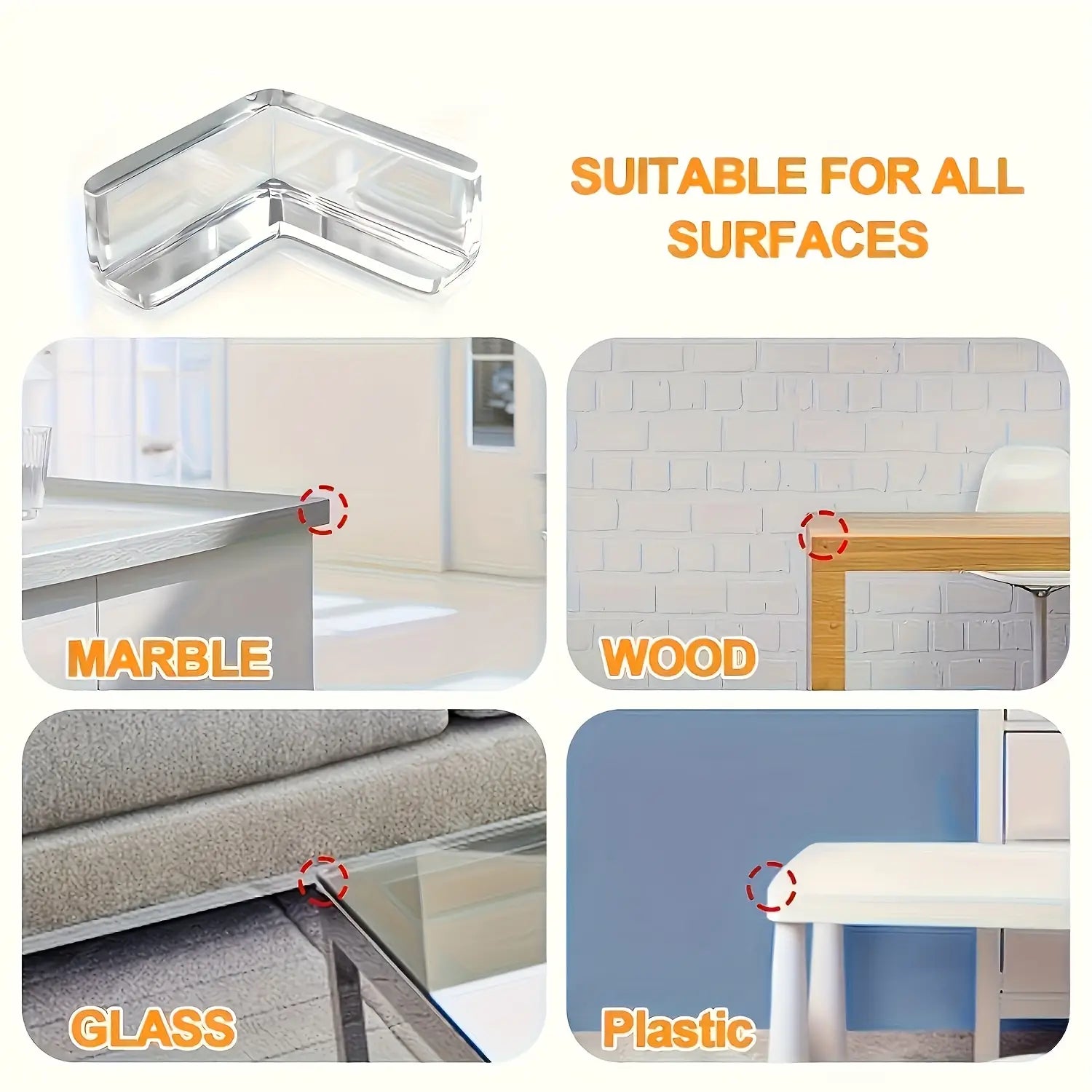 Protège-angle pour meubles en silicone transparent dans un design angulaire adapté à toutes les surfaces visibles sur l’image du produit.