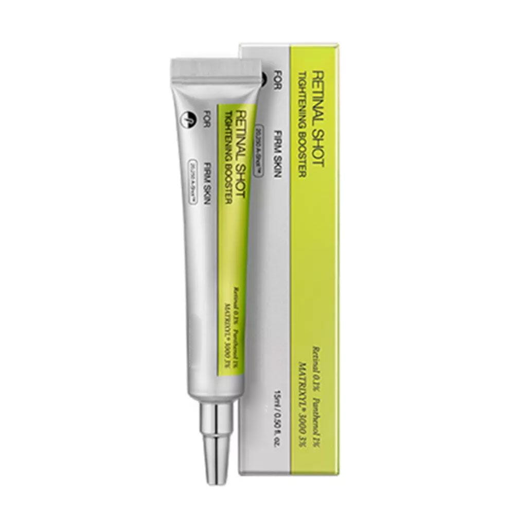Sérum activateur raffermissant à la rétinol en tube argenté, avec une étiquette vert citron et une boîte assortie, conçu pour les soins de la peau afin de raffermir et de tonifier la peau