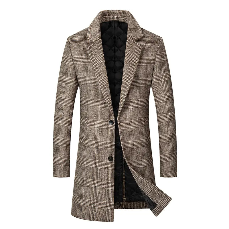 A stylish men’s wool plaid overcoat slim fit winter jacket in a classic brown and beige plaid wool blend with a notched collar and black buttons.