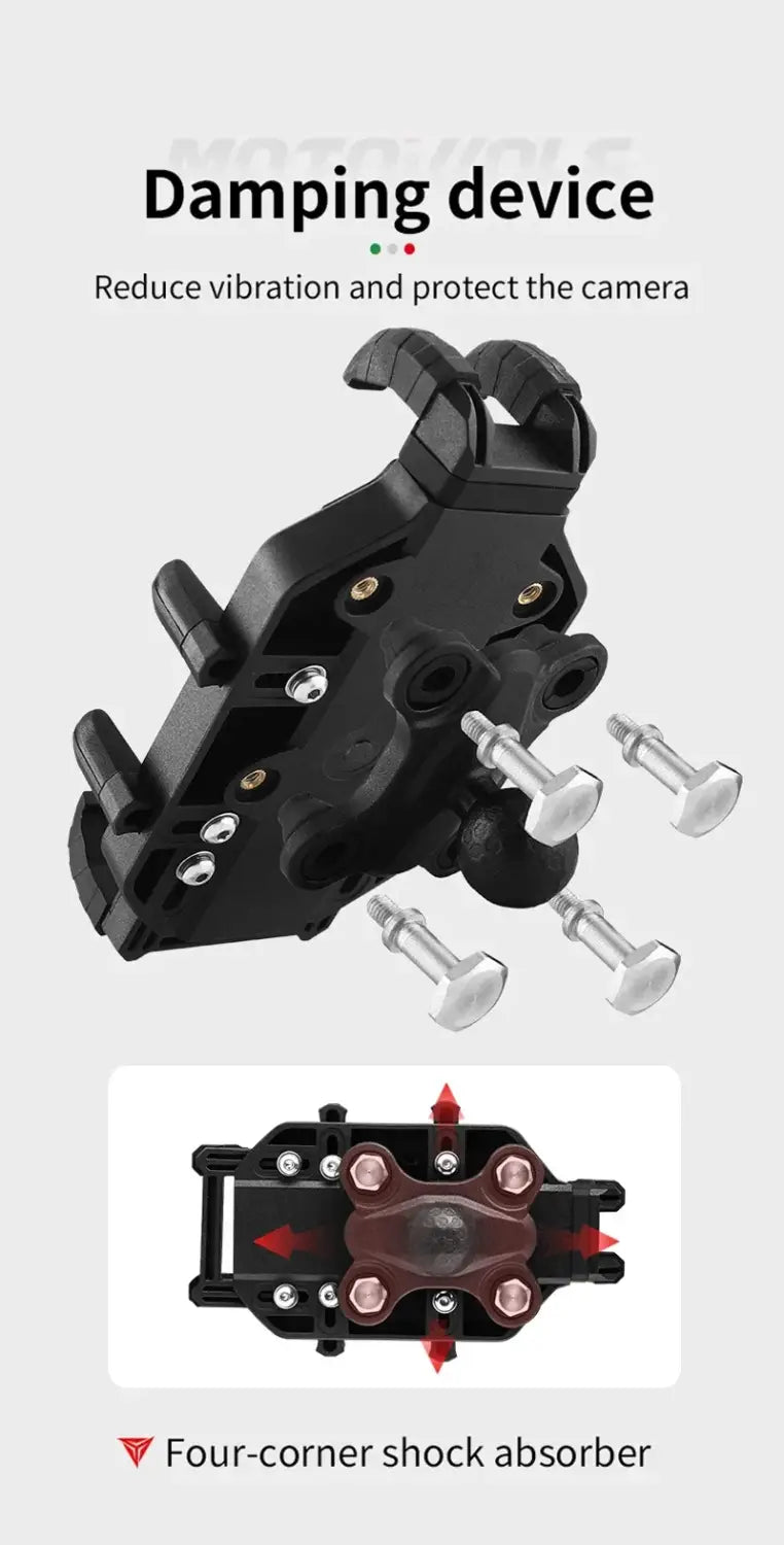 black plastic motorcycle wireless charging phone mount with four-corner shock absorbers and silver screws showing the back side of the product