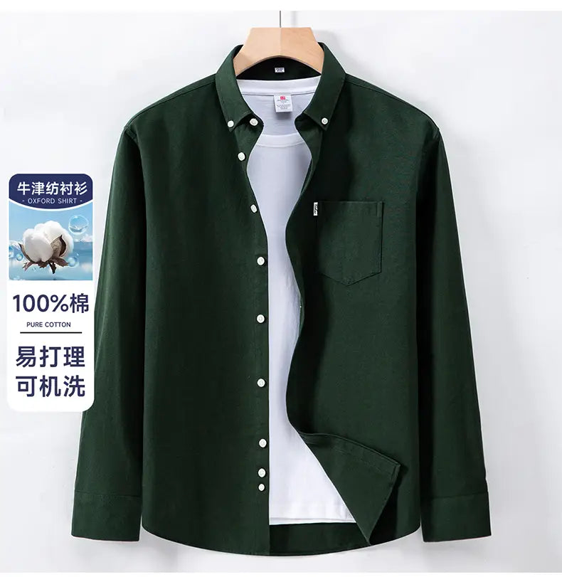 Dark green men cotton oxford long sleeve casual shirt made of 100 percent pure cotton with a classic button-down collar and front pocket