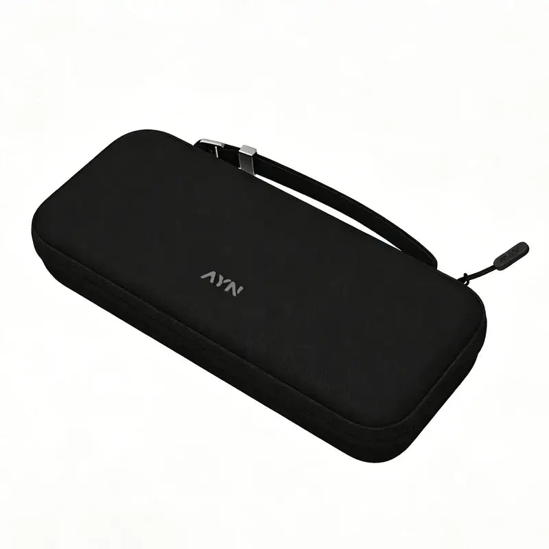 Black ayn brand zippered carrying case with sleek soft-shell design and detachable strap for ayn odin 3 tpu grip protective shell and case.