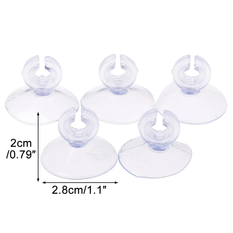 Clear plastic suction cups with a circular base and u-shaped ring designed for use with air stone, check valves, and air tube in fish tank accessories kit.