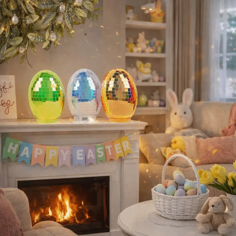 three illuminated iridescent glass disco egg ball lamps with mirrored mosaic surfaces in green and yellow, blue and white, and gold and orange colors.