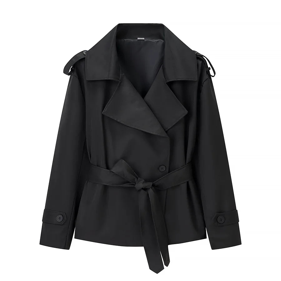 2026 Women Fall Lace-up Cropped Trench Coat Fashion Lapel Long Sleeves Wide Shoulder Windbreaker Jacket Commuting Daily Jackets