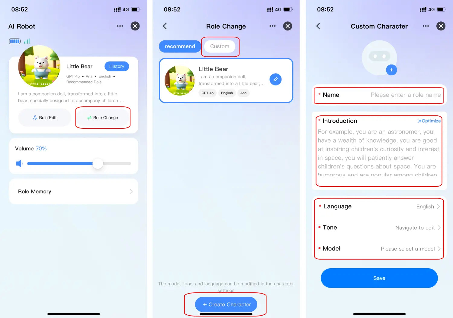 Interfaz de personaje de IA personalizable en el juguete de robot inteligente con IA para niños con la aplicación Smart Life, que permite configurar nombre, presentación, idioma, tono y modelo para compañeros virtuales con modo de chat personalizado.
