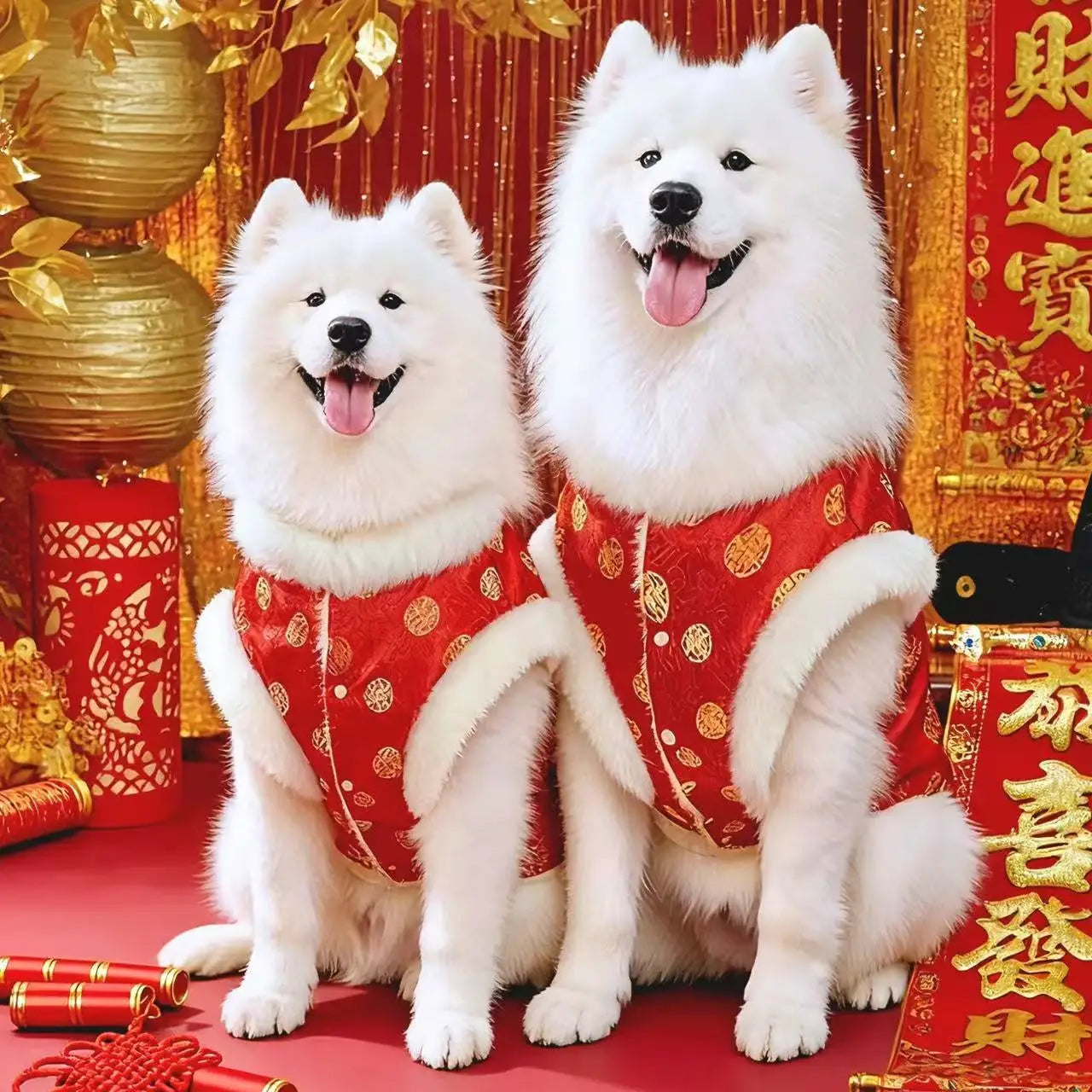 Dos perros samoyedos blancos y esponjosos que llevan chalecos rojos a juego con patrón tradicional chino circular dorado y ribete de pelo sintético, ropa para mascotas diseñada para perros grandes