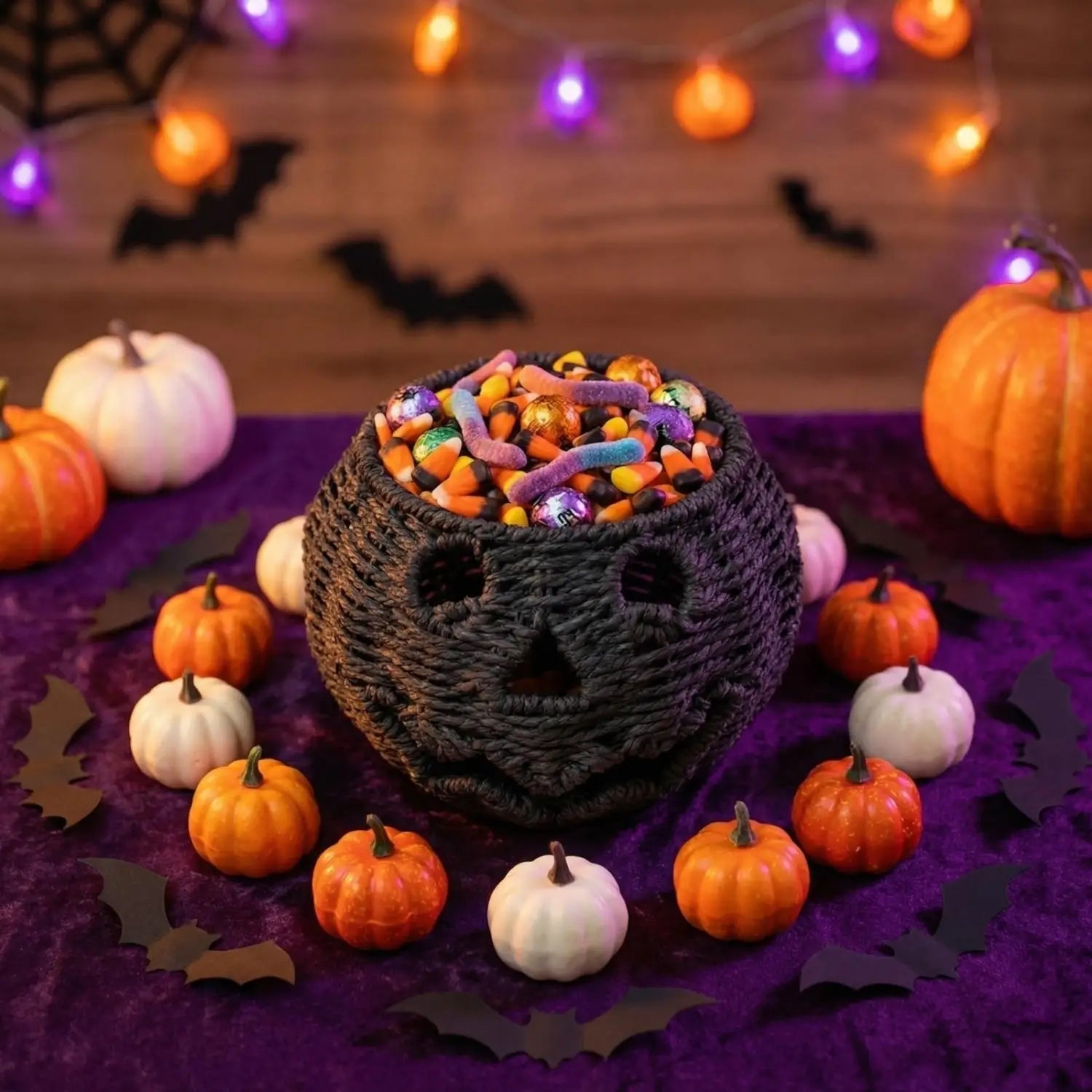 Schwarze geflochtene Halloween-Skull-Candy-Schale in Form eines Schädels, gefüllt mit farbenfroßen Süßigkeiten, als Teil einer geflochtenen Kürbislaterne mit Hexenhut-Dekoration.