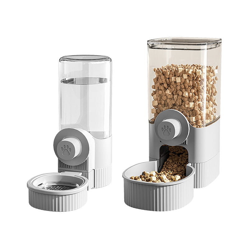 white and transparent water dispenser feeder cage mount gray pet feeder with a paw print button containing water in one unit and dry food in the other