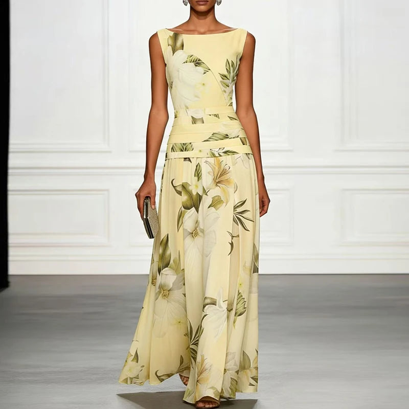 Casual Draped Swing Formal Party Dresses O-neck Sleeveless Elegant Holiday Dress Women Fashion Floral Print Slim Fit Long Dress