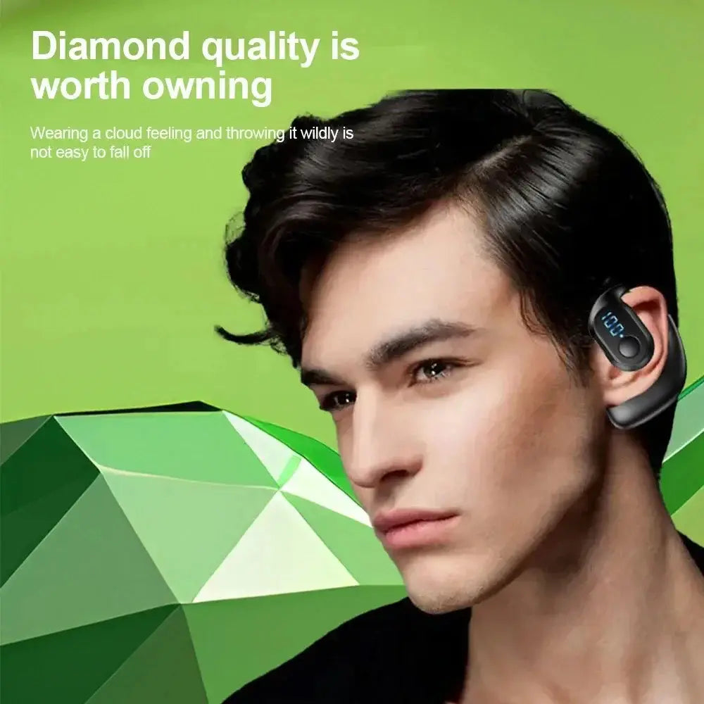 Écouteurs Bluetooth sans fil à crochet pour oreille noirs, avec affichage numérique LED indiquant le niveau de batterie sur le côté.